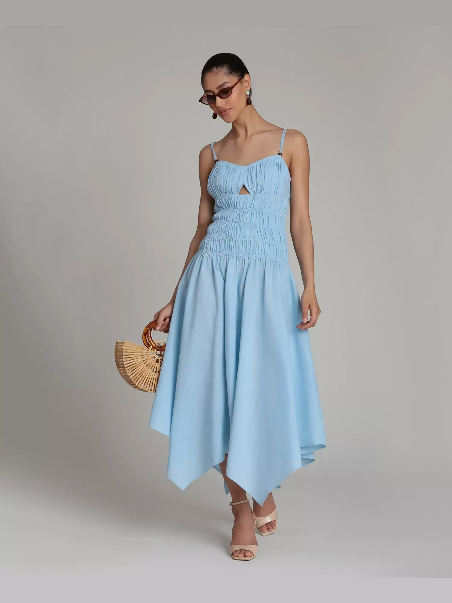 Платье Avec Les Filles Shirred Handkerchief Hem Linen Blend Asymmetric Midi, аквамарин — изображение 3 из 7
