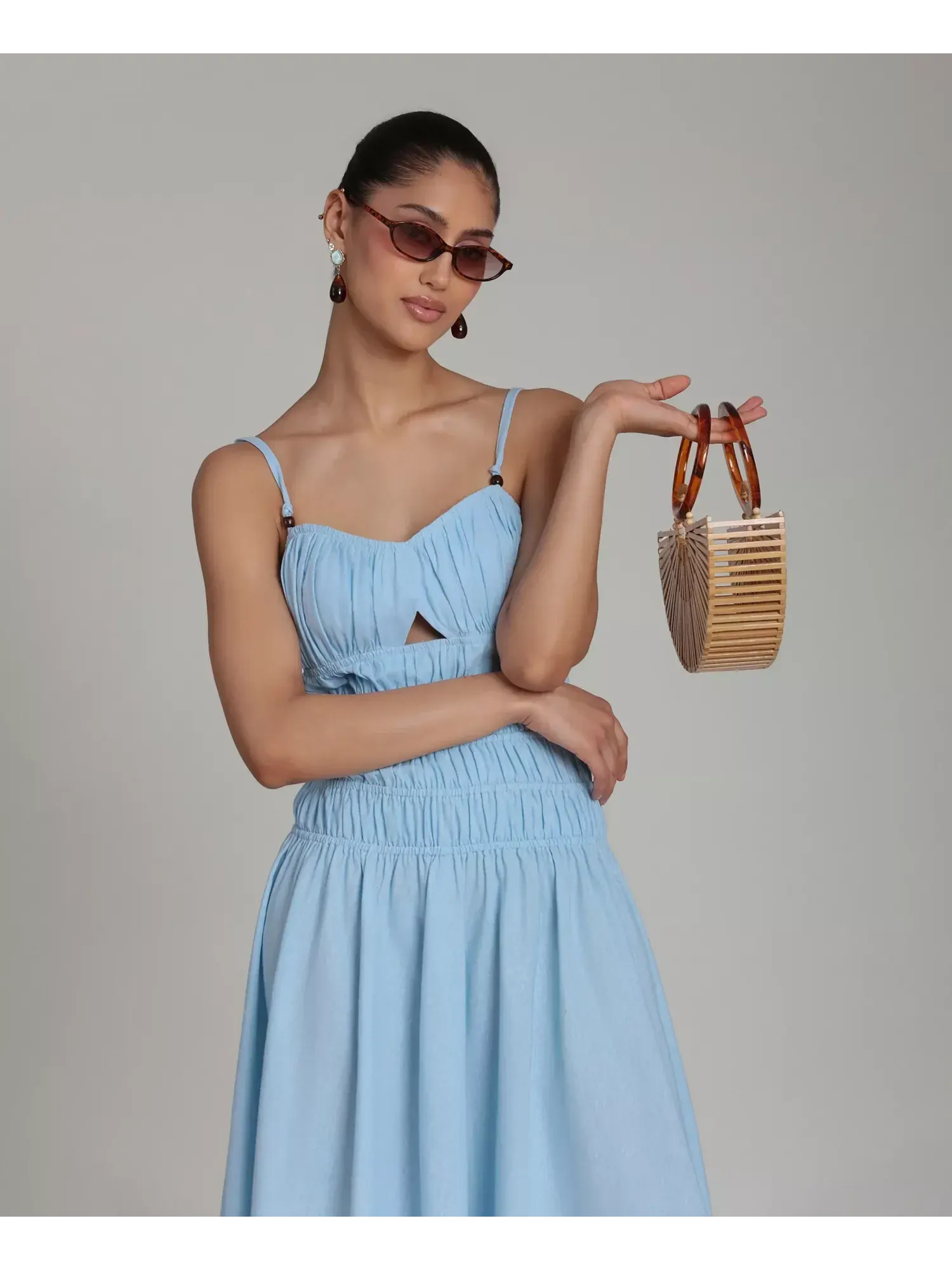 Платье Avec Les Filles Shirred Handkerchief Hem Linen Blend Asymmetric Midi, аквамарин — изображение 4 из 7
