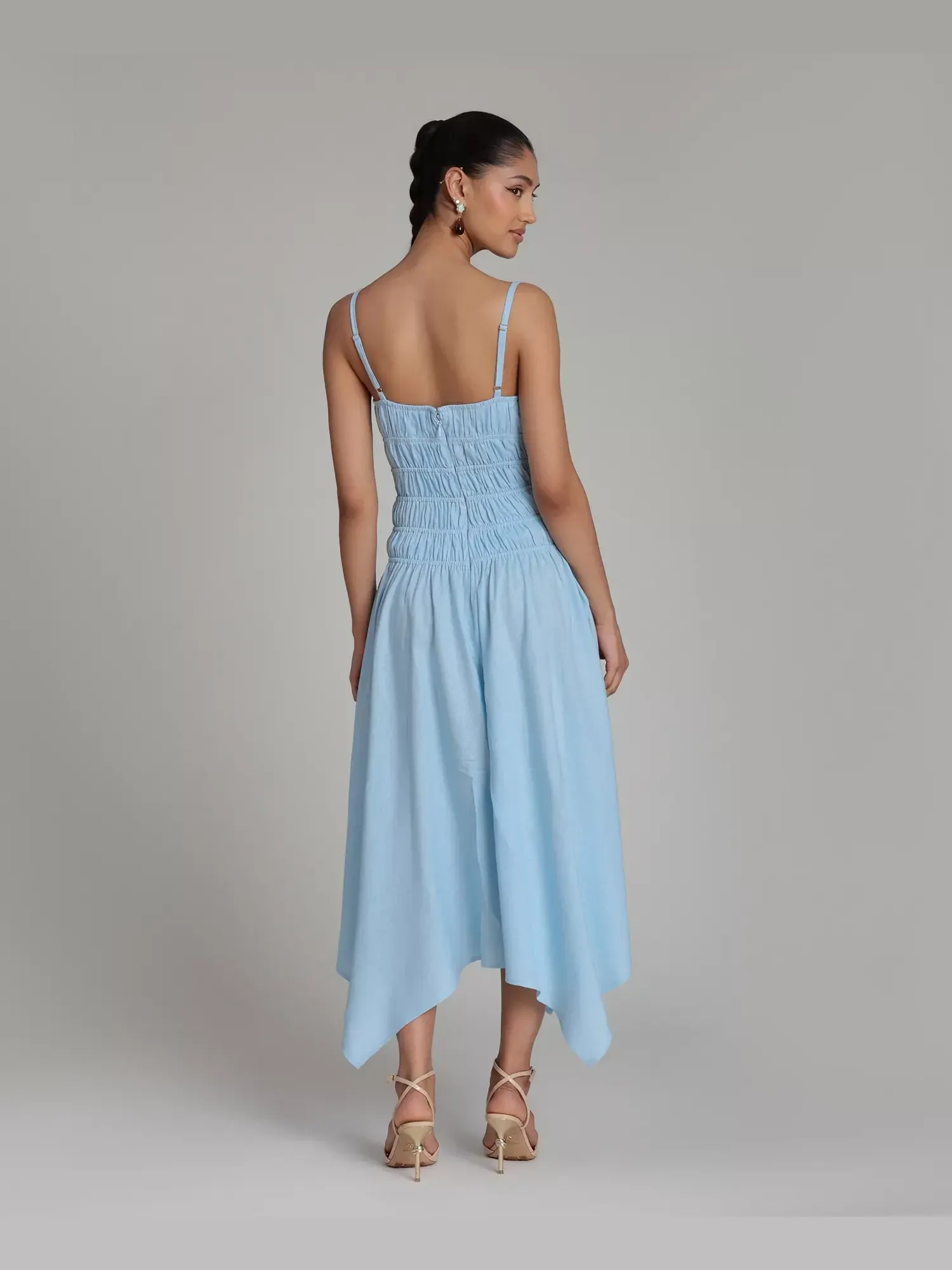 Платье Avec Les Filles Shirred Handkerchief Hem Linen Blend Asymmetric Midi, аквамарин — изображение 7 из 7