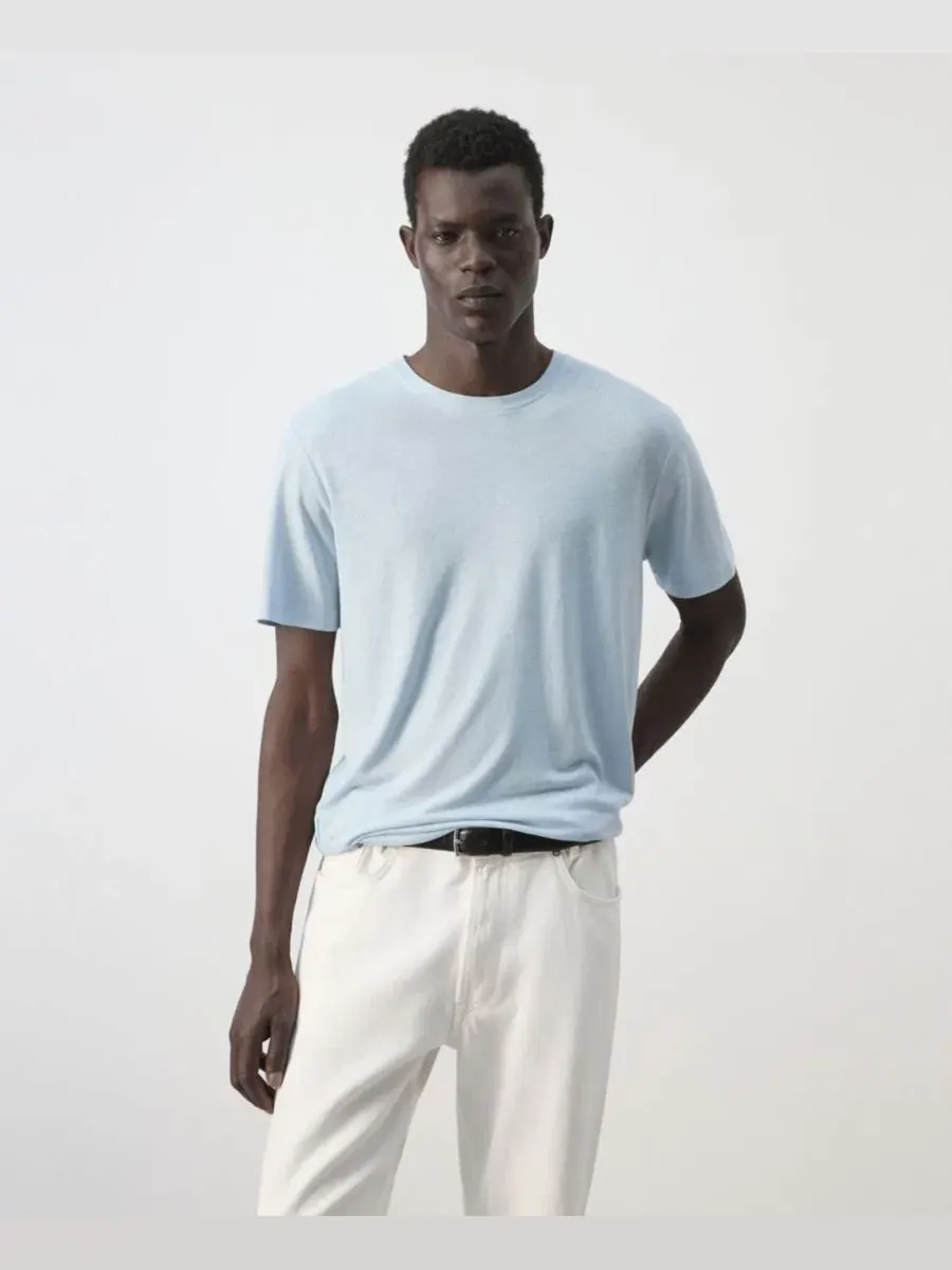 Футболка с коротким рукавом Slim Fit из льняной смеси Mango — изображение 1 из 3, синий