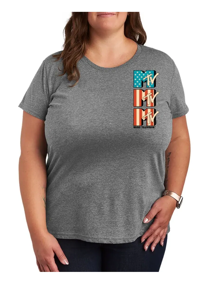 Футболка женская с принтом MTV Logo USA Flag Plus Size Hybrid Apparel — изображение 1 из 3, серый