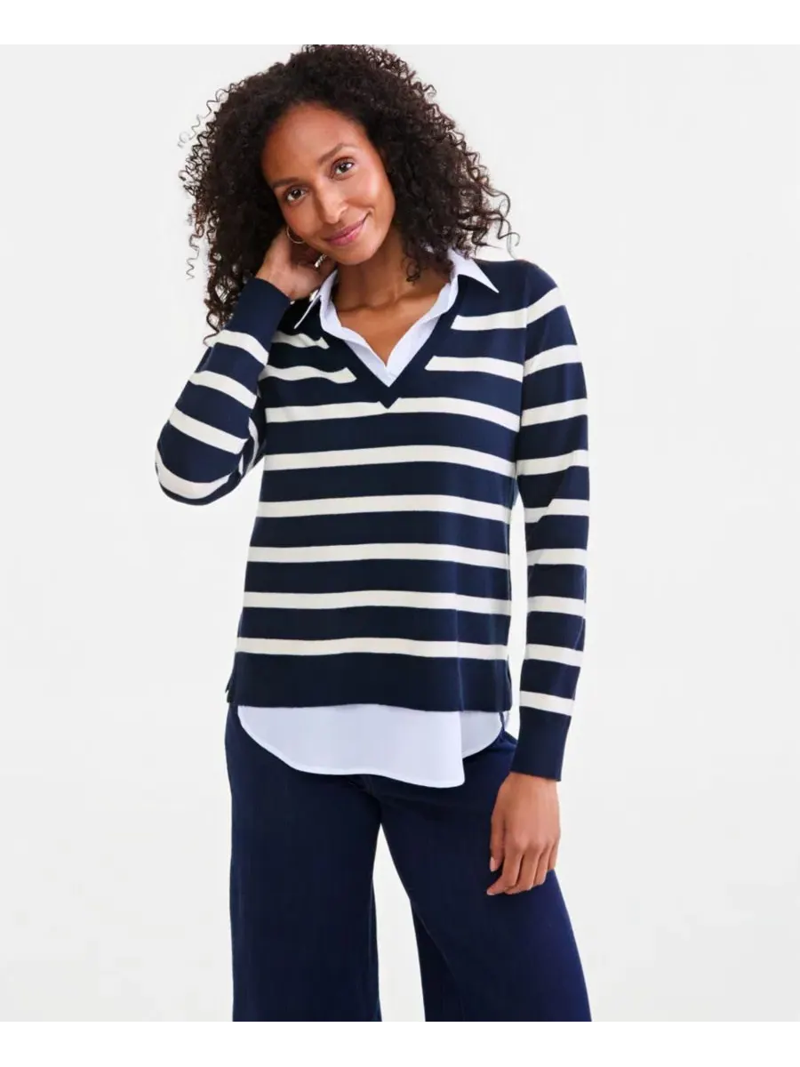 Пуловер с V-образным вырезом и контрастным воротником Petite Stripe Two-Fer Style & Co — изображение 1 из 3, синий