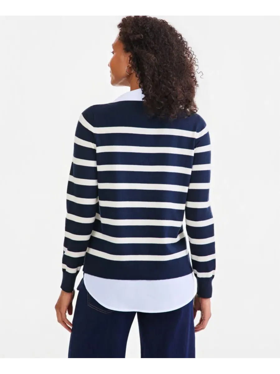 Пуловер с V-образным вырезом и контрастным воротником Petite Stripe Two-Fer Style & Co — изображение 3 из 3, синий