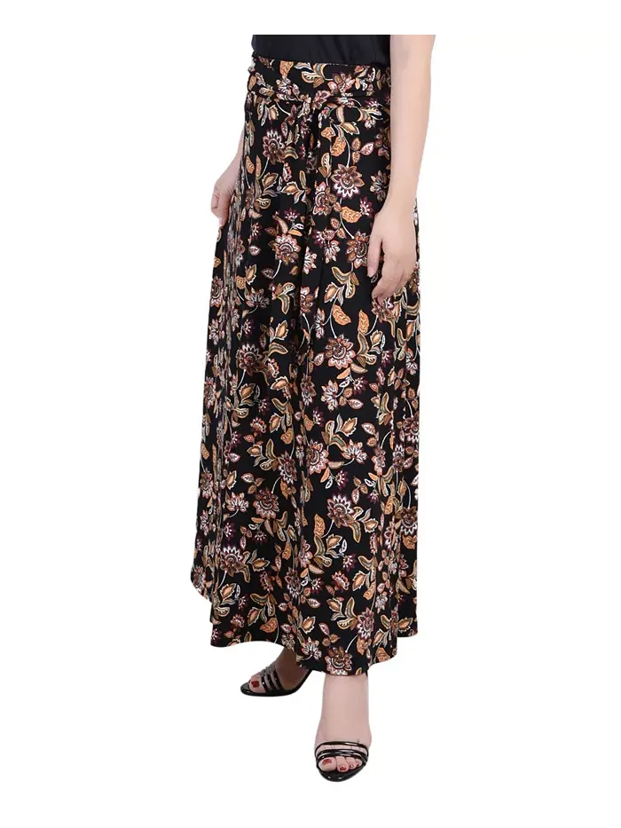 Юбка макси с принтом и поясом на завязках Petite NY Collection — изображение 3 из 3, черный золотистый