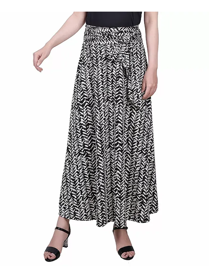 Юбка макси с принтом и поясом на завязках Petite NY Collection — изображение 1 из 3, черный слоновая кость