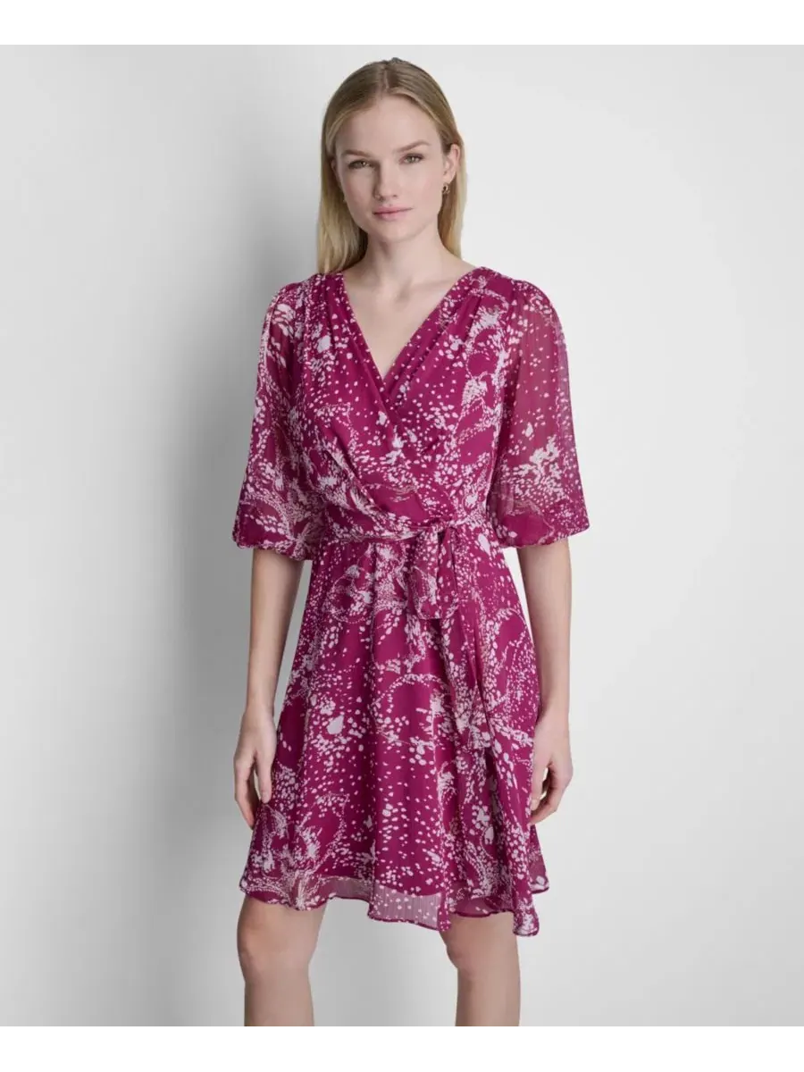 Женское платье с V-образным вырезом и рукавами-баллонами, с запахом Dkny — изображение 3 из 6, фиолетовый мульти