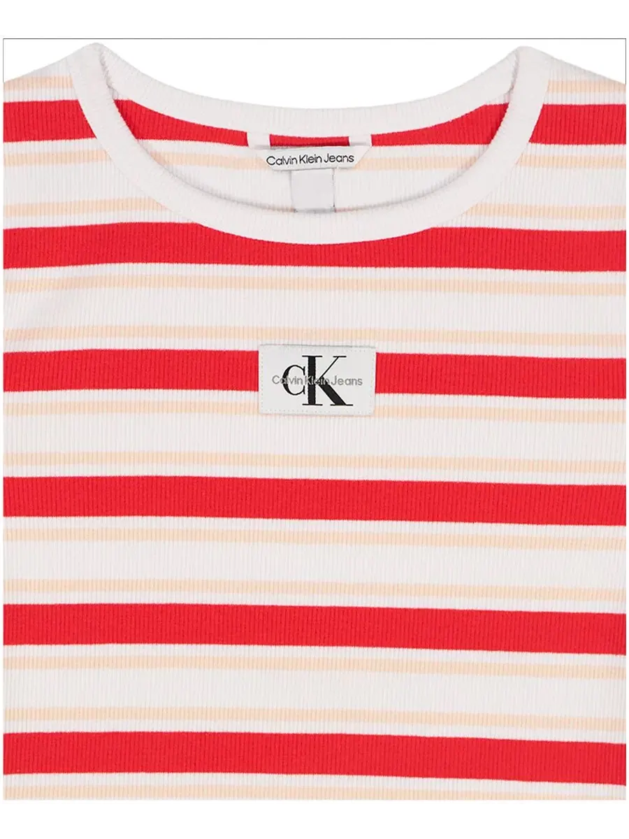 Полосатая футболка с круглым вырезом для девочек 7-16 лет Calvin Klein — изображение 3 из 4, красный