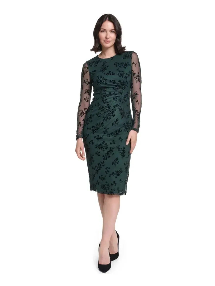 Платье-футляр с цветочным принтом, с длинным рукавом, Petite Floral Long-Sleeve Side-Shirred Sheath