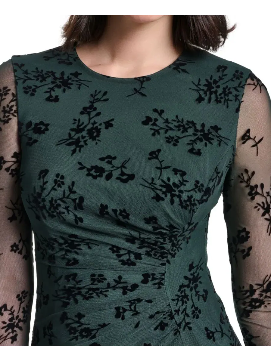 Платье-футляр с цветочным принтом, с длинным рукавом, Petite Floral Long-Sleeve Side-Shirred Sheath — изображение 3 из 4