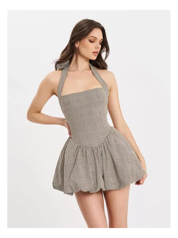 Женское мини-платье Dacia Plaid Halter со шнуровкой и принтом «пузырь» Miss Circle — изображение 1 из 10, коричневый