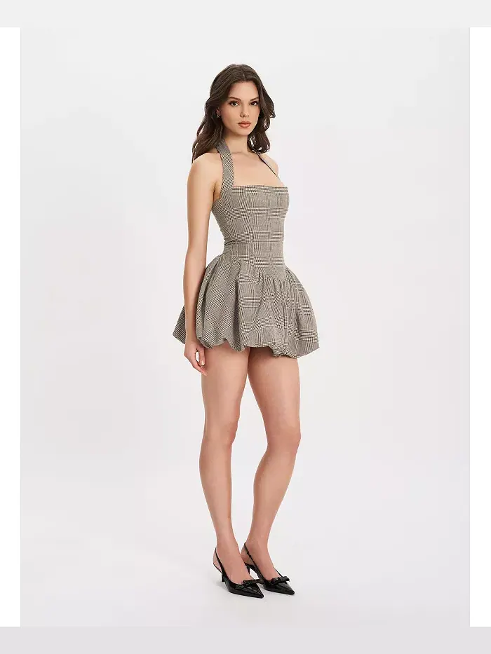 Женское мини-платье Dacia Plaid Halter со шнуровкой и принтом «пузырь» Miss Circle — изображение 2 из 10, коричневый