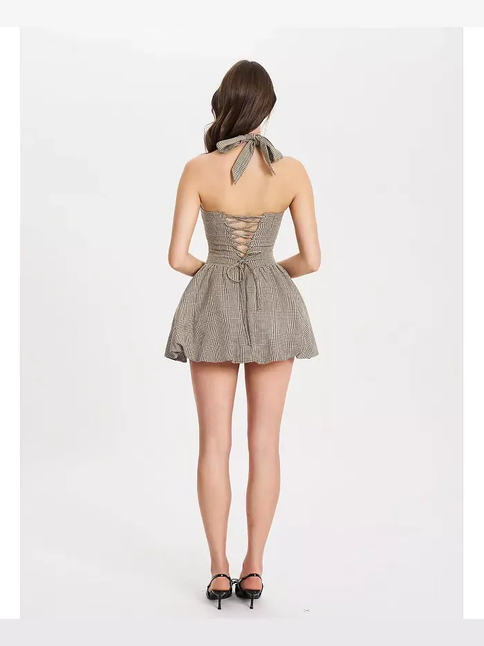 Женское мини-платье Dacia Plaid Halter со шнуровкой и принтом «пузырь» Miss Circle — изображение 3 из 10, коричневый