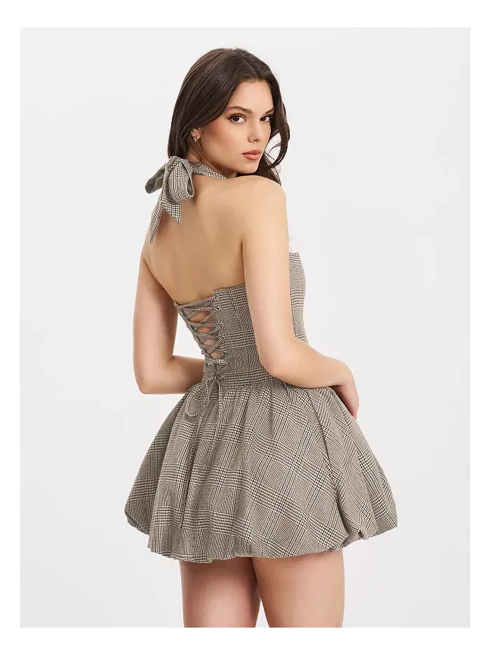 Женское мини-платье Dacia Plaid Halter со шнуровкой и принтом «пузырь» Miss Circle — изображение 4 из 10, коричневый