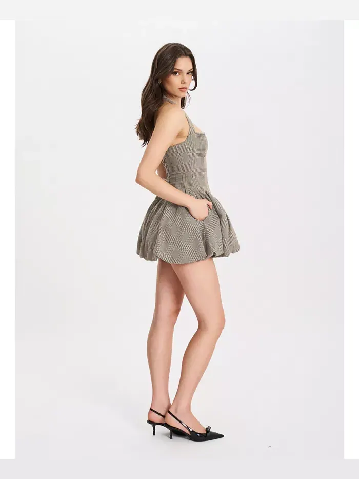 Женское мини-платье Dacia Plaid Halter со шнуровкой и принтом «пузырь» Miss Circle — изображение 6 из 10, коричневый