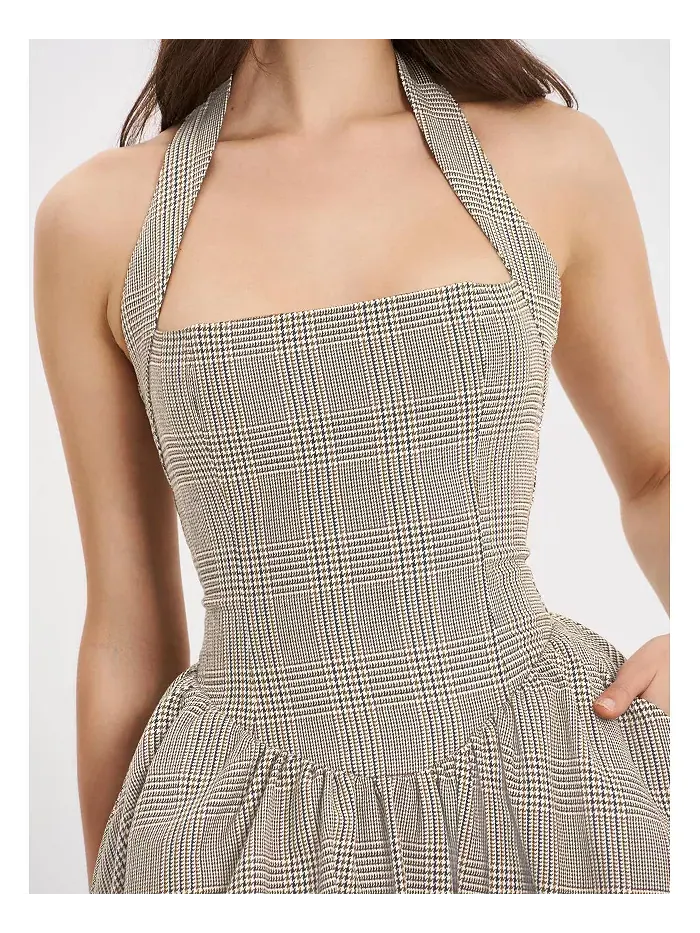 Женское мини-платье Dacia Plaid Halter со шнуровкой и принтом «пузырь» Miss Circle — изображение 7 из 10, коричневый