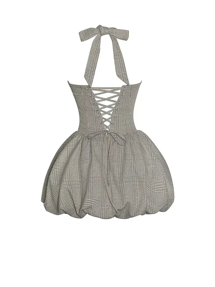 Женское мини-платье Dacia Plaid Halter со шнуровкой и принтом «пузырь» Miss Circle — изображение 8 из 10, коричневый