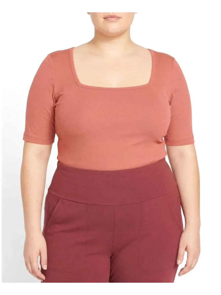 Футболка с квадратным вырезом и коротким рукавом, с ребристой текстурой, Women's Plus Size Cloud — изображение 1 из 3