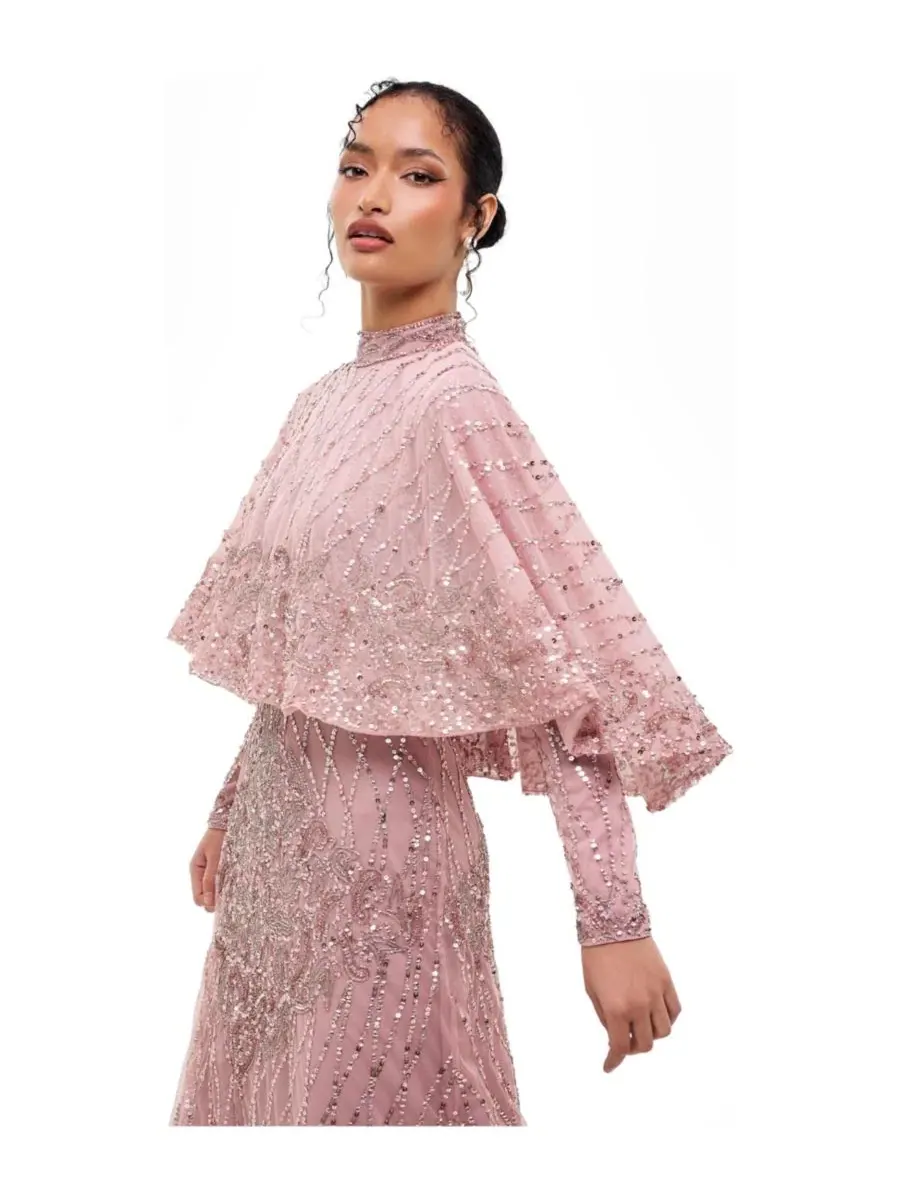 Платье макси с вышивкой и пайетками Cape Embellished Sequins Gown Maryisa — изображение 2 из 4, розовый