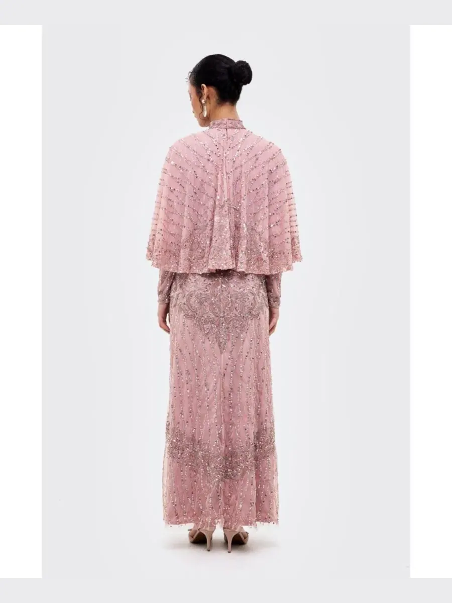 Платье макси с вышивкой и пайетками Cape Embellished Sequins Gown Maryisa — изображение 4 из 4, розовый