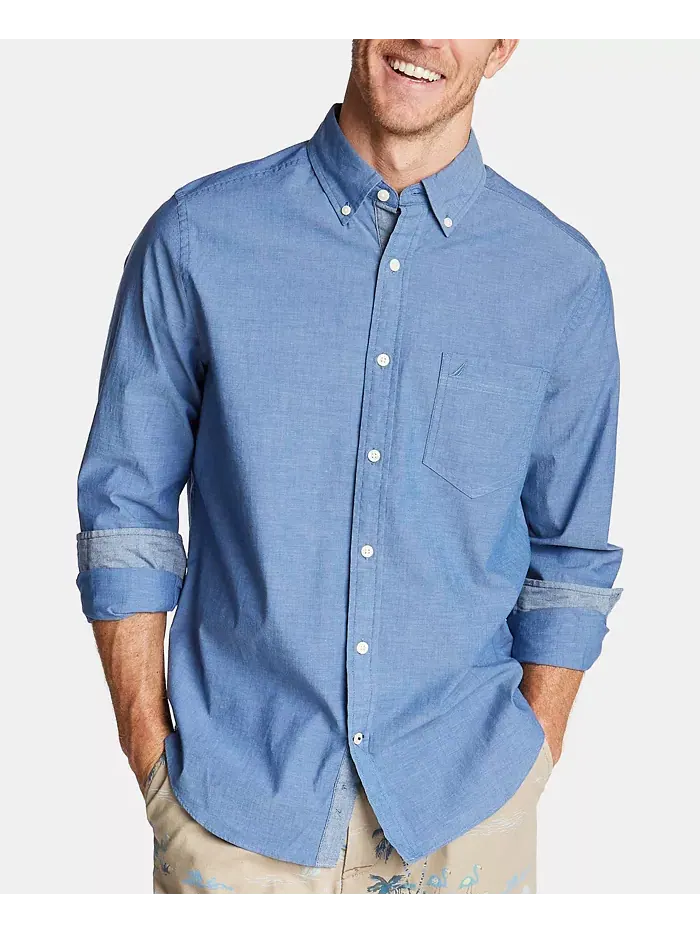 Мужская классическая растягивающаяся однотонная рубашка Oxford Button-Down Nautica — изображение 1 из 5, синий