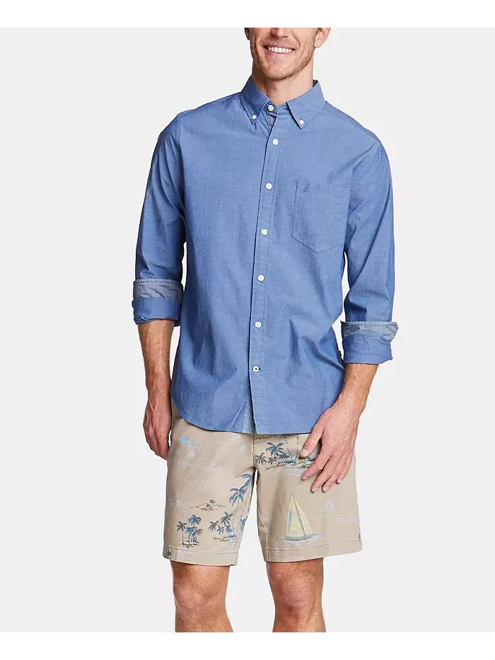 Мужская классическая растягивающаяся однотонная рубашка Oxford Button-Down Nautica — изображение 5 из 5, синий