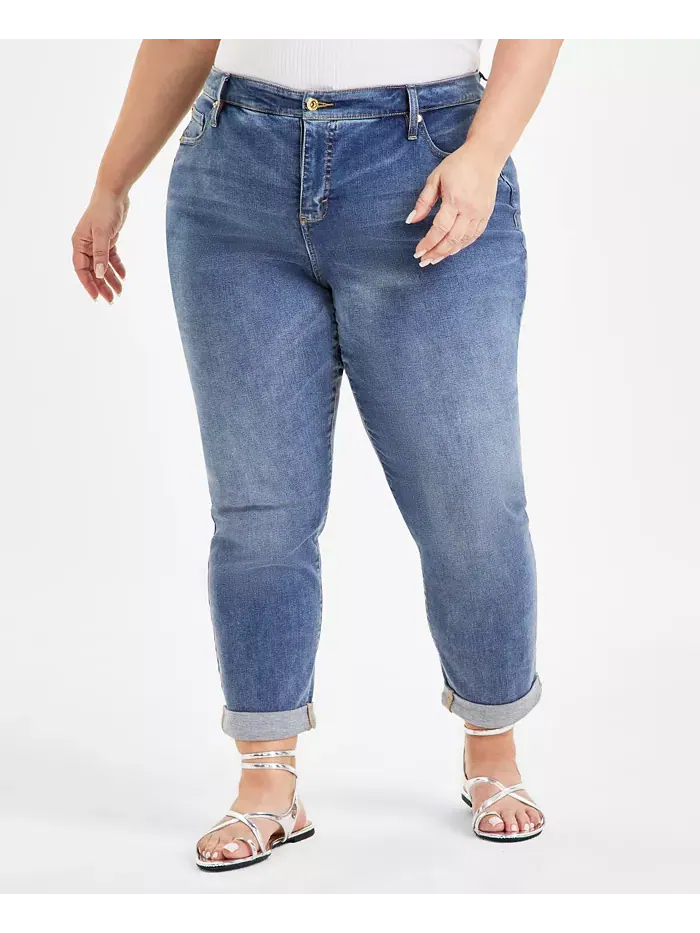 Джинсы-бойфренды с закатанными манжетами Plus Size Slim Tech I.N.C. International Concepts — изображение 2 из 3, индиго