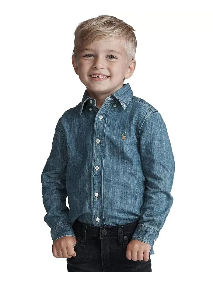 Рубашка из хлопка из шамбре для малышей и маленьких мальчиков Polo Ralph Lauren — изображение 6 из 8, синий