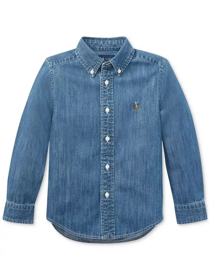 Рубашка из хлопка из шамбре для малышей и маленьких мальчиков Polo Ralph Lauren — изображение 7 из 8, светлый синий