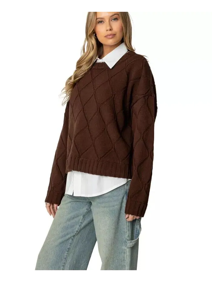 Женский свитер Cass Oversize с текстурированной вязкой Edikted — изображение 4 из 4, коричневый