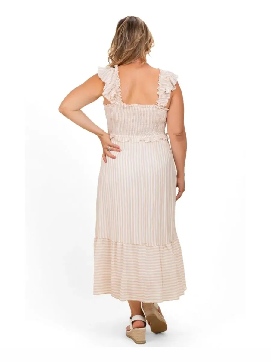 Платье миди с рюшами и принтом в полоску, Smocked Maternity Plus Midi Dress Pinkblush — изображение 3 из 3, бежевый