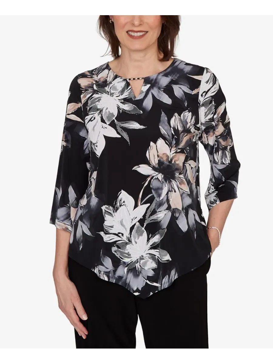 Блуза с принтом Petite Watercolor Floral Printed Top Alfred Dunner — изображение 1 из 5, черный