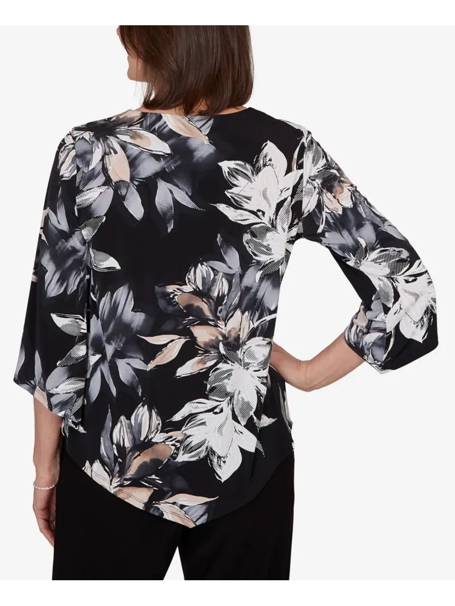 Блуза с принтом Petite Watercolor Floral Printed Top Alfred Dunner — изображение 5 из 5, черный