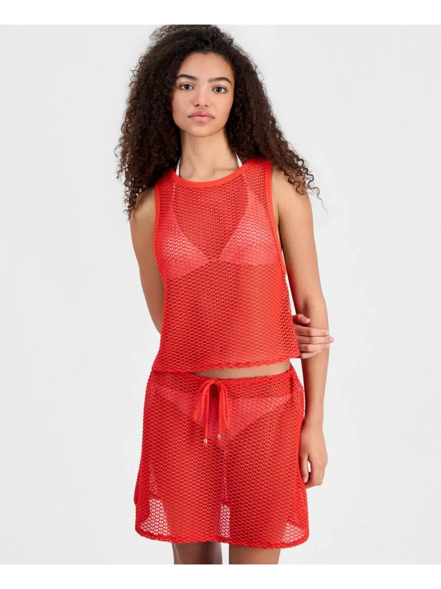 Женская вязаная туника-топ для пляжа, модель Crochet Swim Cover-Up Crop Tank Top Miken — красный