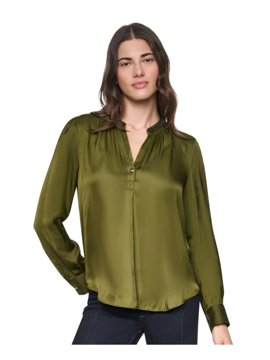 Блузка из атласа с V-образным вырезом и длинным рукавом DKNY