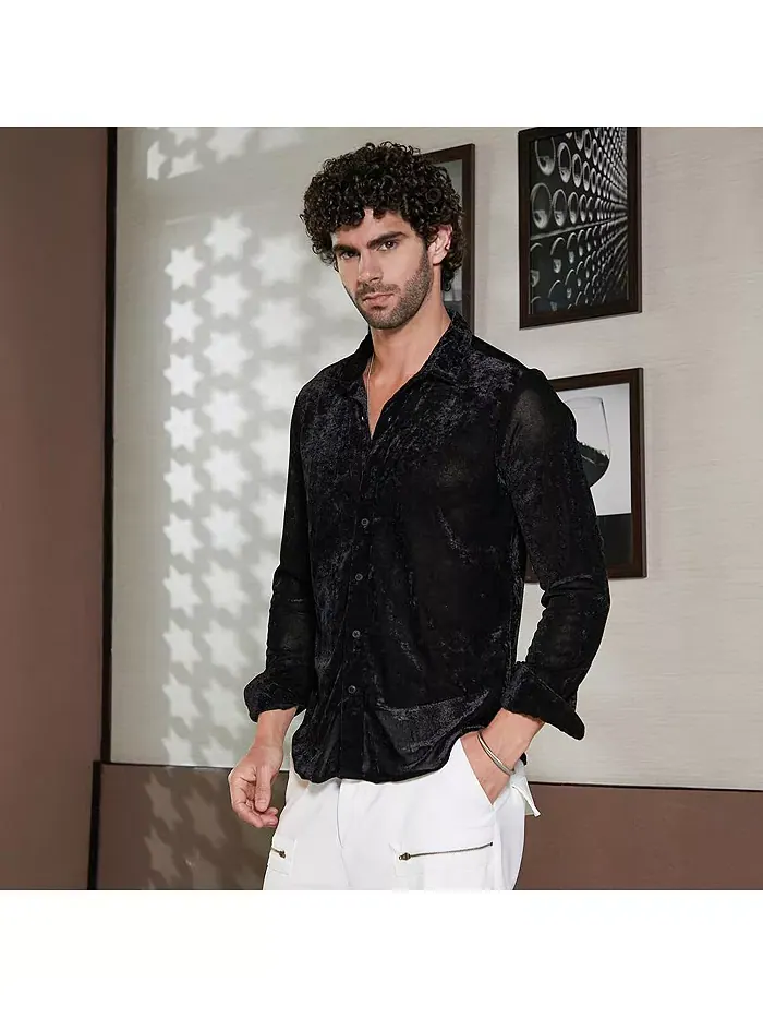 Мужская рубашка Onyx Black Solid Velvet Campus Sutra — изображение 5 из 7, черный