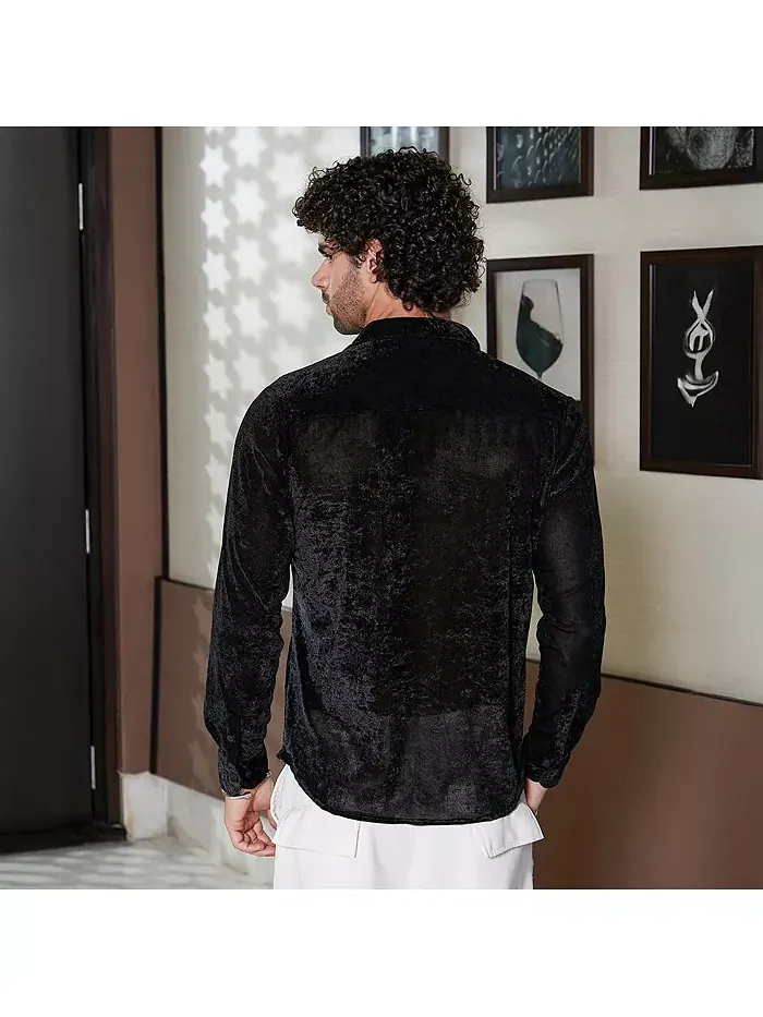 Мужская рубашка Onyx Black Solid Velvet Campus Sutra — изображение 6 из 7, черный
