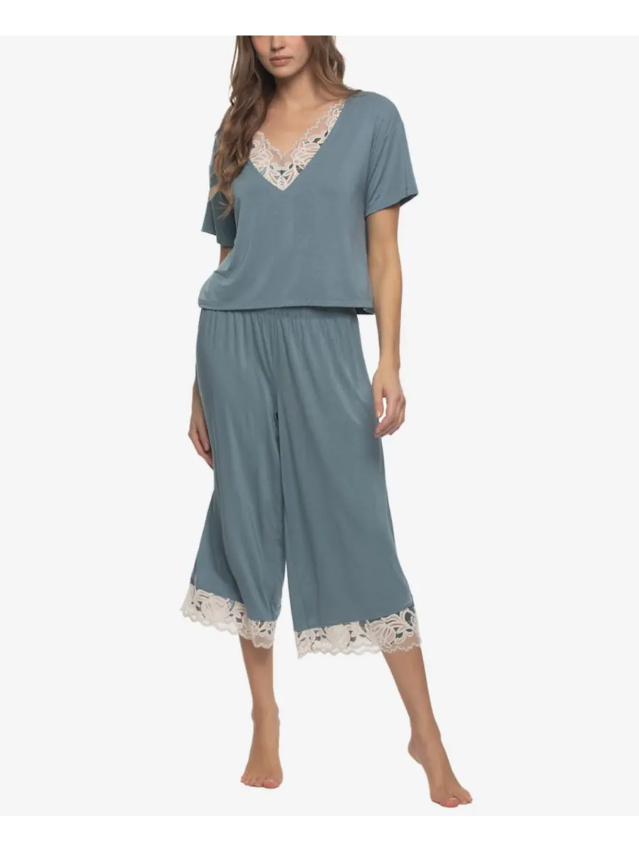 Женская футболка-укороченный топ Amelie Jersey Vintage Lace с кружевом и укороченными широкими — синий