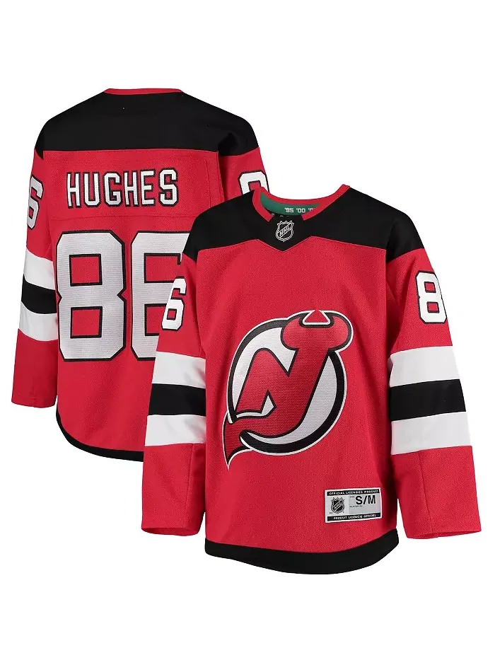 Футболка игрока New Jersey Devils домашняя Premier для подростков Jack Hughes красная Outerstuff — изображение 1 из 3