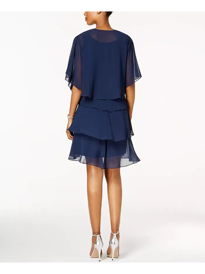 Платье из шифона с ярусами и декоративными элементами & Накидка SL Fashions — изображение 2 из 4, темно-синий