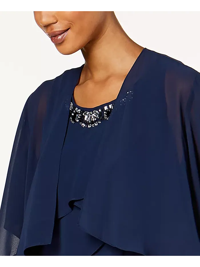 Платье из шифона с ярусами и декоративными элементами & Накидка SL Fashions — изображение 4 из 4, темно-синий