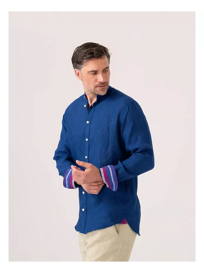 Мужская льняная рубашка с воротником-стойкой Koy Clothing — изображение 4 из 8, синий