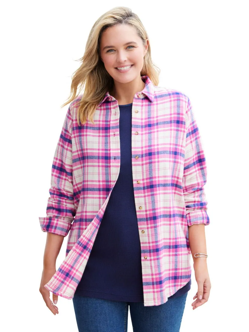 Классическая фланелевая рубашка больших размеров Woman Within, Peony petal plaid