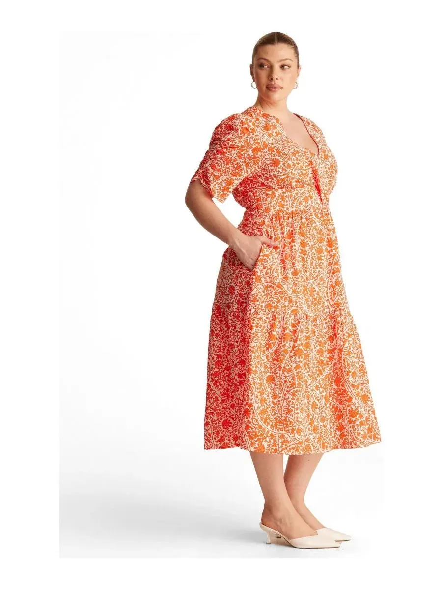 Платье-миди Dreamaya Tiered V-neck Fit Flare Midi Dress ESTELLE — изображение 2 из 6, мандариновый
