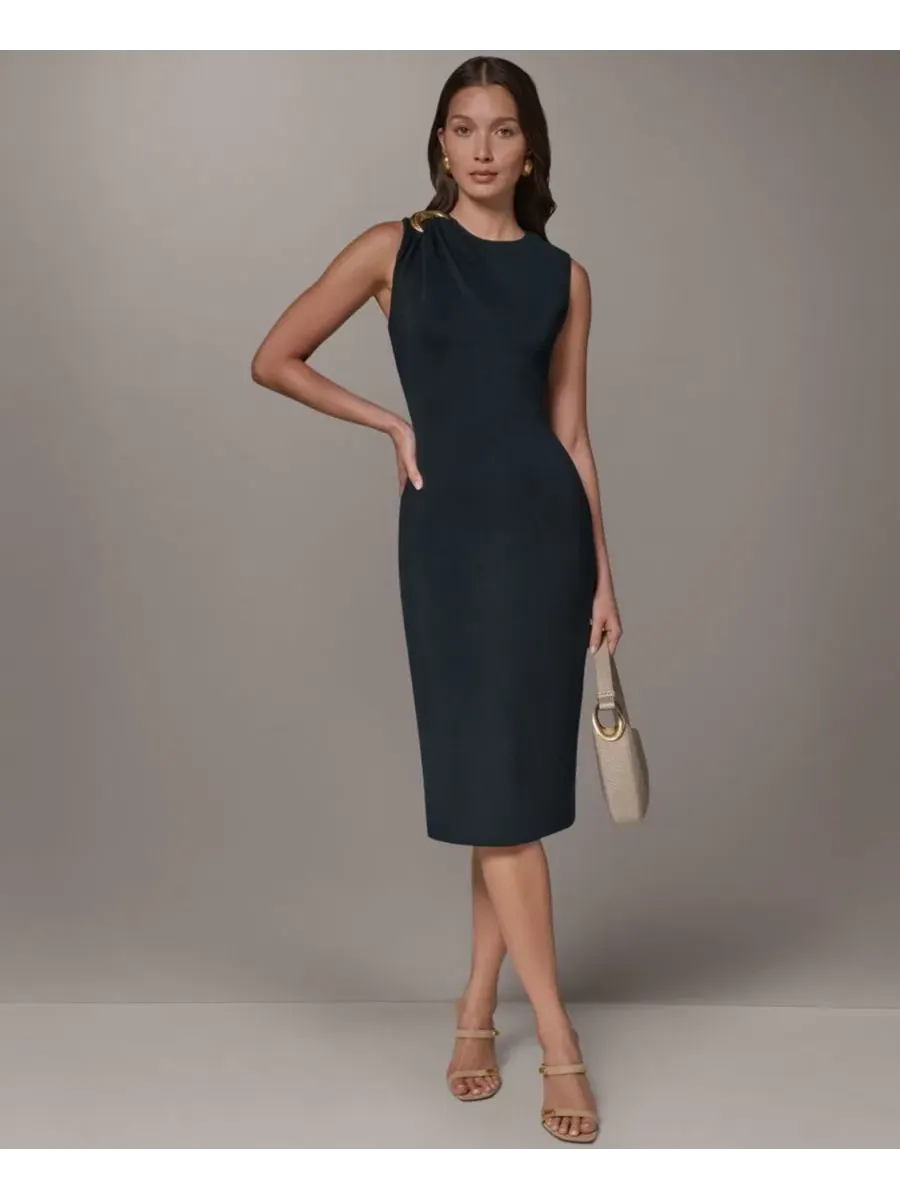 Платье-футляр без рукавов с драпировкой Donna Karan New York — изображение 1 из 6, черный