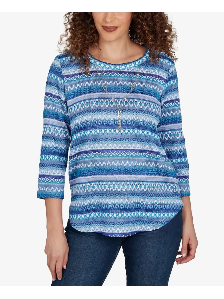 Футболка с текстурными полосами и рукавом 3/4, с ожерельем, Petite Textured-Stripe 3/4-Sleeve — изображение 1 из 5, синий