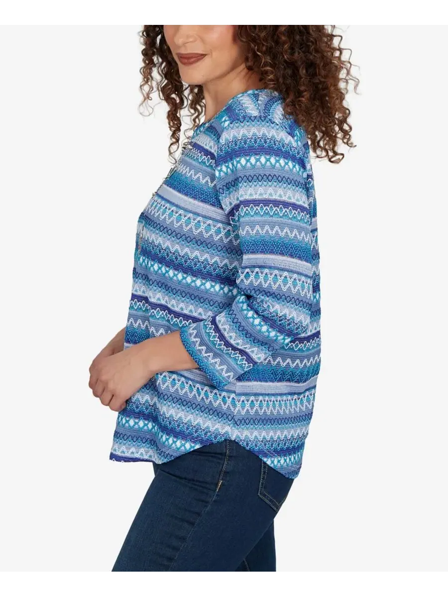 Футболка с текстурными полосами и рукавом 3/4, с ожерельем, Petite Textured-Stripe 3/4-Sleeve — изображение 3 из 5, синий