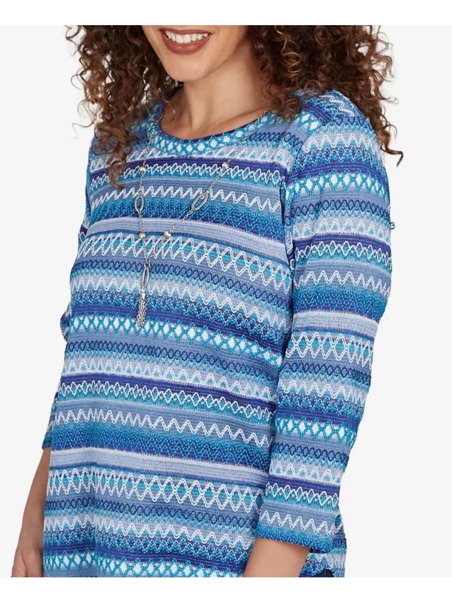 Футболка с текстурными полосами и рукавом 3/4, с ожерельем, Petite Textured-Stripe 3/4-Sleeve — изображение 4 из 5, синий
