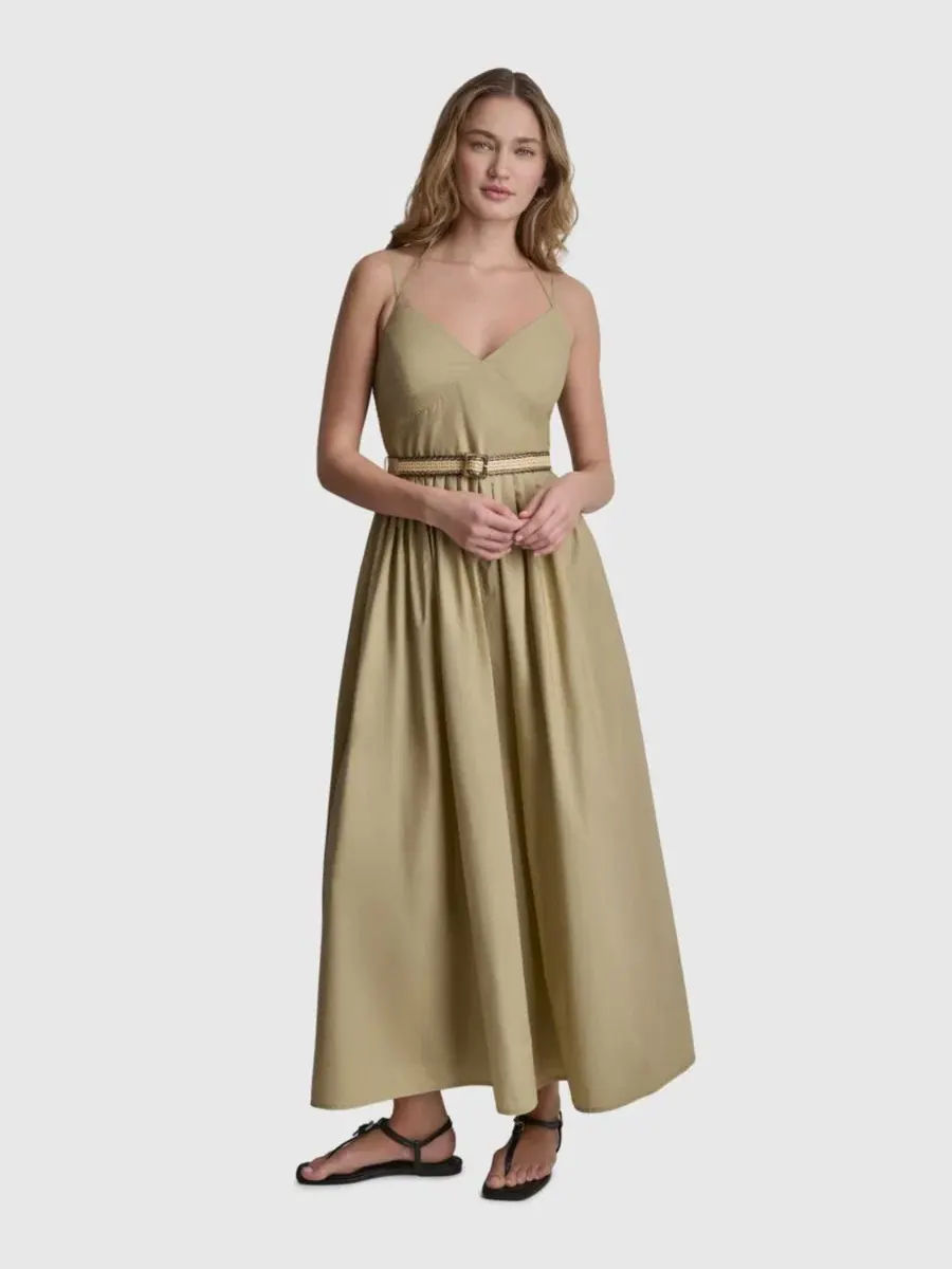 Женское длинное платье-майка с V-образным вырезом и поясом на бретелях Dkny Jeans — изображение 1 из 6, бежевый