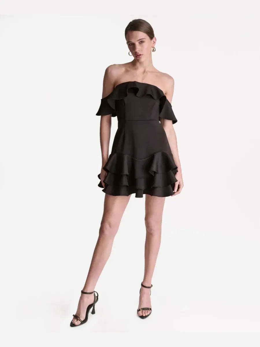 Платье мини с открытыми плечами и рюшами BCBG — изображение 2 из 5, черный