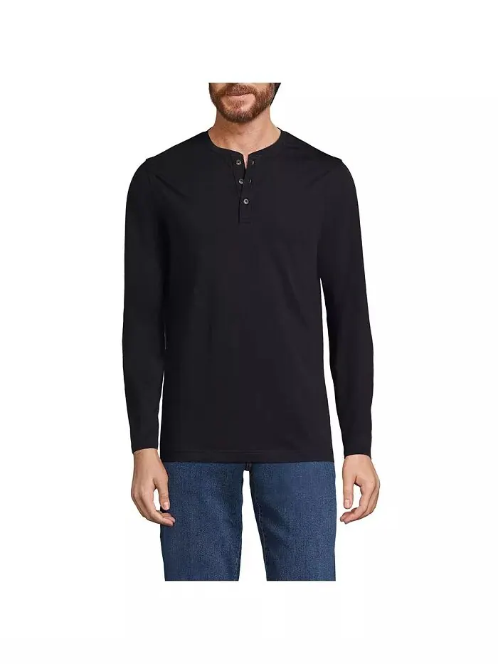 Мужская хлопковая кофта Supima Henley с длинным рукавом Lands' End — изображение 1 из 3, черный